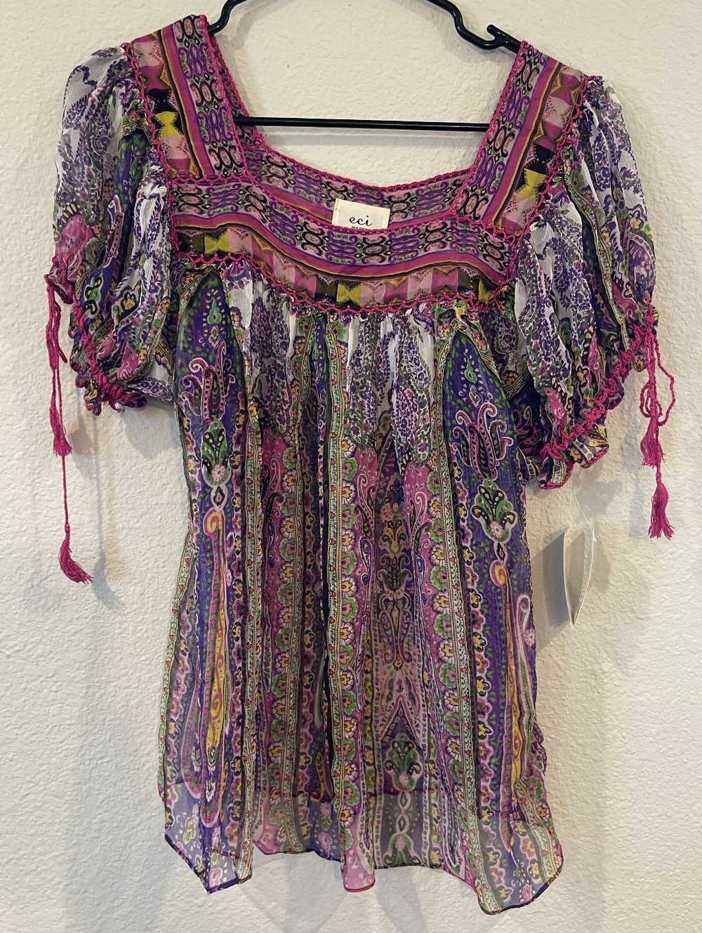 NWT ECI NEW YORK Vintage Y2K‎ Multicolor Tribal Silk Babydoll SS Blouse Size 8